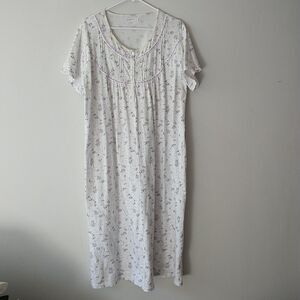 Keyocean Nightgown Womens L White Purple Flower Pleated Button Cotton Grandma